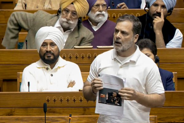 Rahul Gandhi speaks in the House during the Budget session in New Delhi.